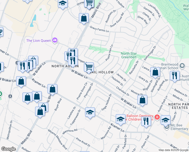 map of restaurants, bars, coffee shops, grocery stores, and more near 11409 Ptarmigan Drive in Austin