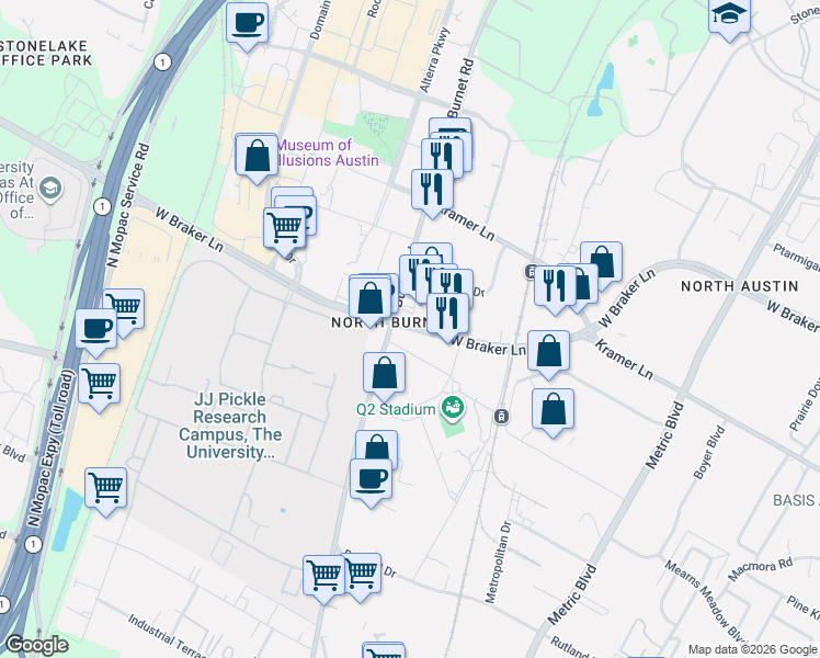 map of restaurants, bars, coffee shops, grocery stores, and more near 2608 West Braker Lane in Austin