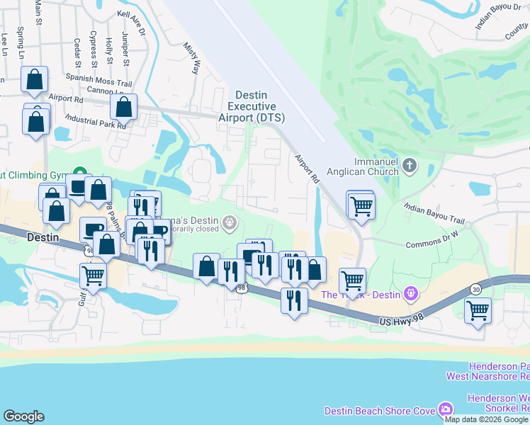 map of restaurants, bars, coffee shops, grocery stores, and more near 221 Mattie M Kelly Boulevard in Destin