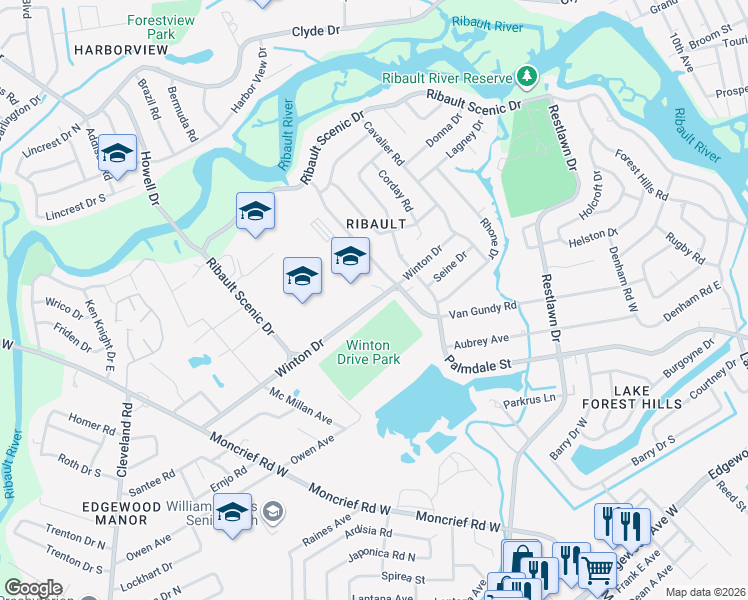 map of restaurants, bars, coffee shops, grocery stores, and more near 3501 Winton Drive in Jacksonville