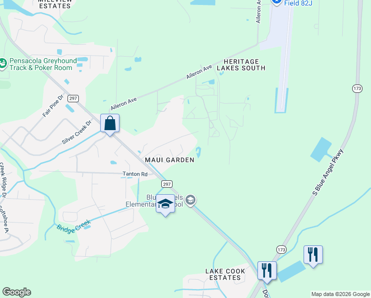 map of restaurants, bars, coffee shops, grocery stores, and more near 100-198 Emmons Lane in Pensacola