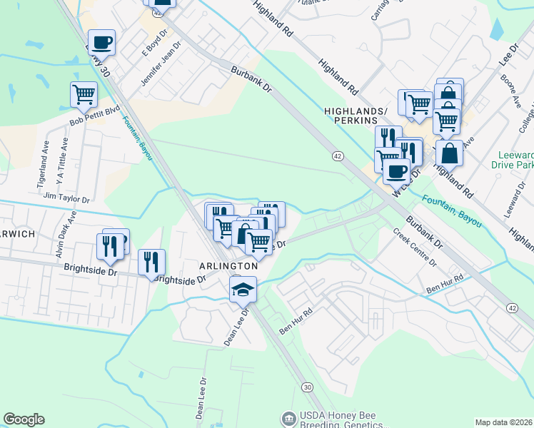 map of restaurants, bars, coffee shops, grocery stores, and more near 5075 Nicholson Drive in Baton Rouge