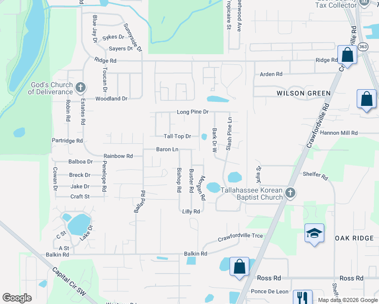 map of restaurants, bars, coffee shops, grocery stores, and more near 2995 Baron Lane in Tallahassee