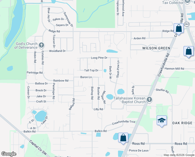 map of restaurants, bars, coffee shops, grocery stores, and more near 2995 Baron Lane in Tallahassee