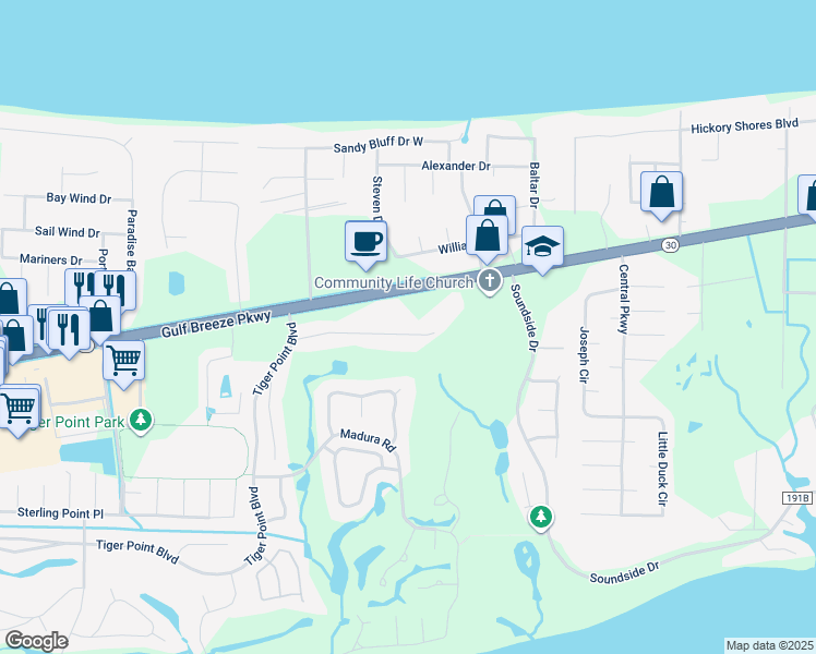 map of restaurants, bars, coffee shops, grocery stores, and more near 4150 Oak Pointe Drive in Gulf Breeze