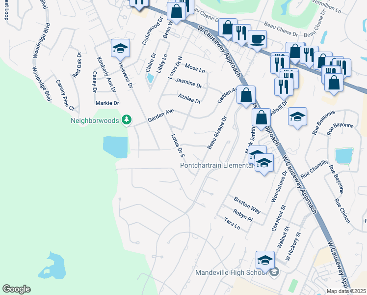 map of restaurants, bars, coffee shops, grocery stores, and more near 245 Silver Maple Drive in Mandeville