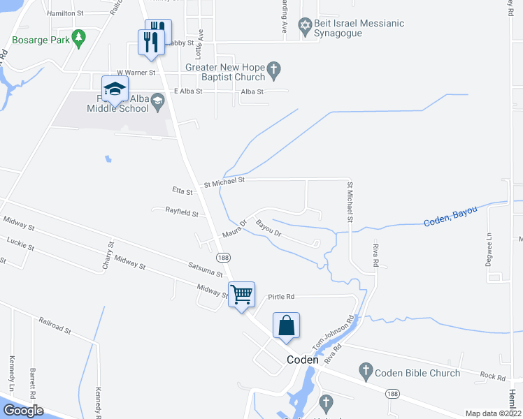 map of restaurants, bars, coffee shops, grocery stores, and more near 8391 Maura Drive in Bayou La Batre