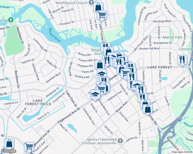 map of restaurants, bars, coffee shops, grocery stores, and more near 1525 Palmdale Street in Jacksonville