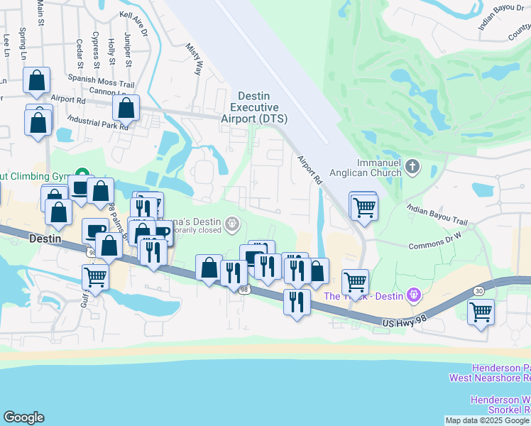 map of restaurants, bars, coffee shops, grocery stores, and more near 281 Mattie M Kelly Boulevard in Destin