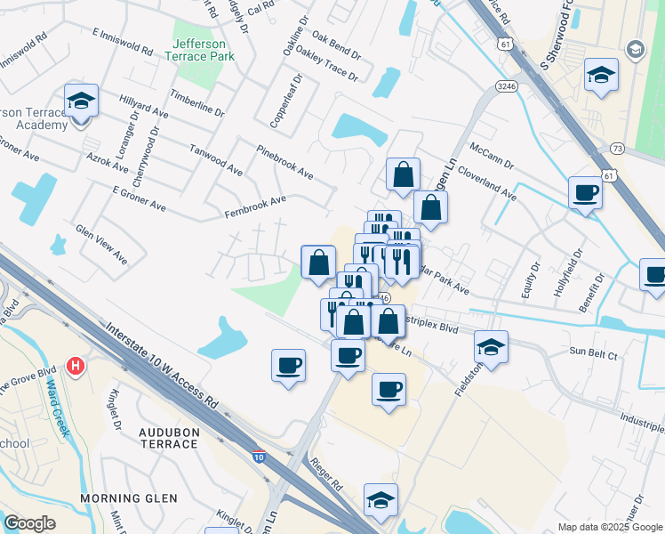 map of restaurants, bars, coffee shops, grocery stores, and more near 10808 Industriplex Boulevard in Baton Rouge