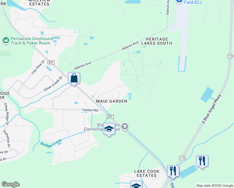 map of restaurants, bars, coffee shops, grocery stores, and more near 10312 Wailuku Drive in Pensacola
