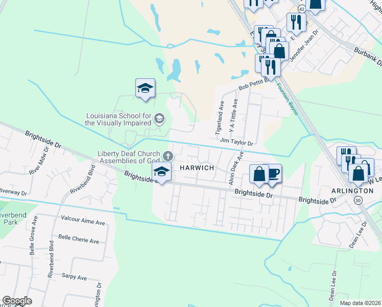 map of restaurants, bars, coffee shops, grocery stores, and more near 1460 Sharlo Avenue in Baton Rouge