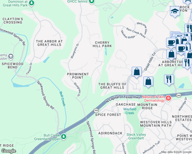 map of restaurants, bars, coffee shops, grocery stores, and more near 8701 Bluffstone Cove in Austin