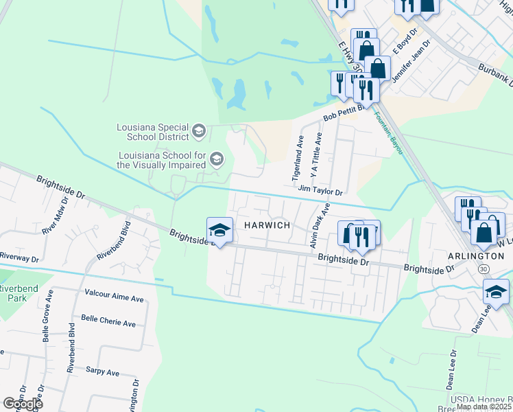 map of restaurants, bars, coffee shops, grocery stores, and more near 1474 Sharlo Avenue in Baton Rouge