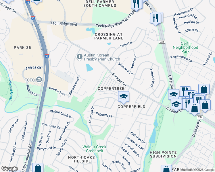 map of restaurants, bars, coffee shops, grocery stores, and more near East Yager Lane in Austin
