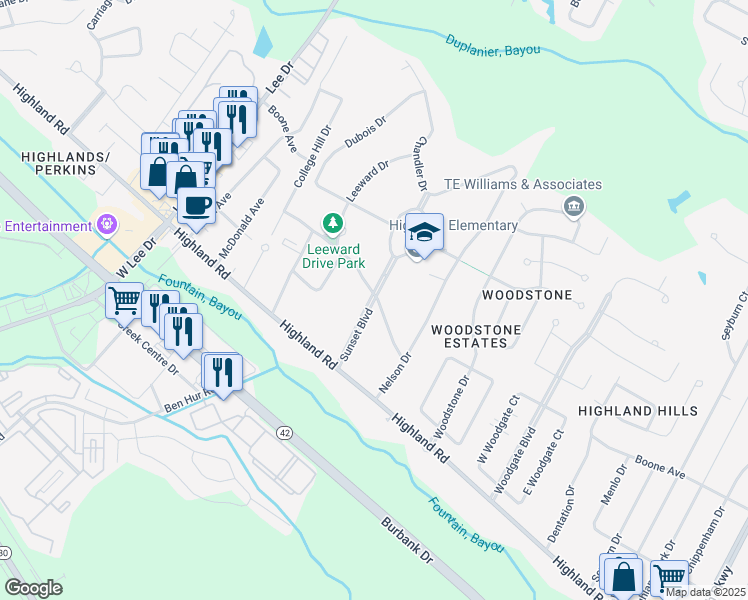 map of restaurants, bars, coffee shops, grocery stores, and more near 280 Sunset Boulevard in Baton Rouge