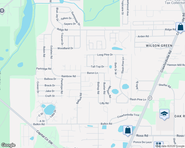 map of restaurants, bars, coffee shops, grocery stores, and more near 3024 Baron Lane in Tallahassee