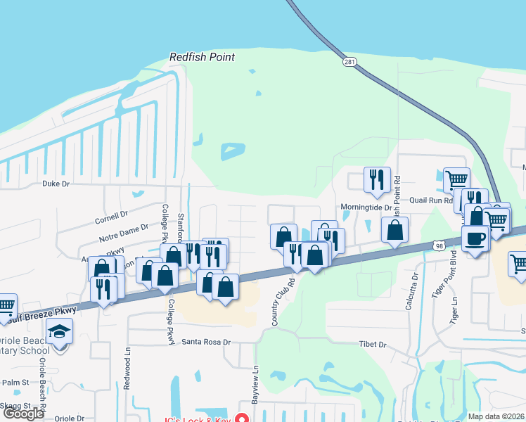 map of restaurants, bars, coffee shops, grocery stores, and more near 3395 Greenbriar Circle in Gulf Breeze
