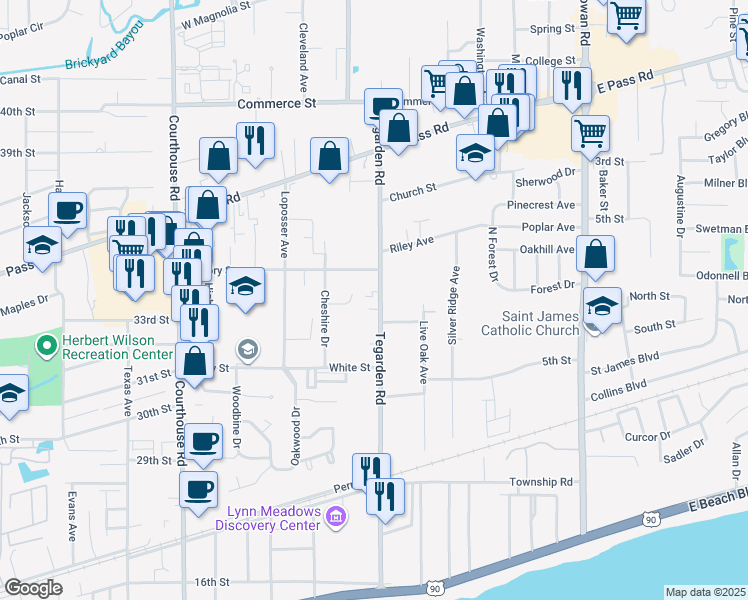 map of restaurants, bars, coffee shops, grocery stores, and more near 485 Tegarden Road in Gulfport