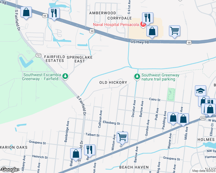 map of restaurants, bars, coffee shops, grocery stores, and more near 7662 Old Hickory Drive in Pensacola