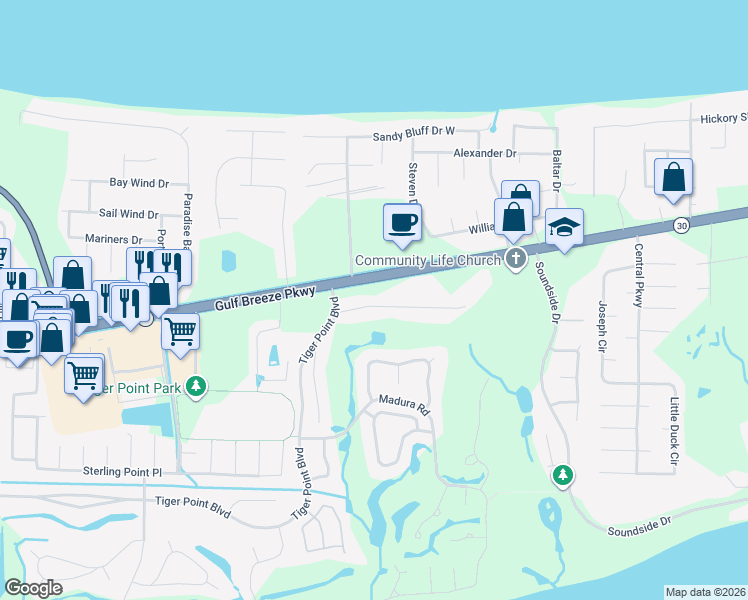 map of restaurants, bars, coffee shops, grocery stores, and more near 4062 Oak Pointe Drive in Gulf Breeze