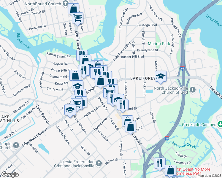 map of restaurants, bars, coffee shops, grocery stores, and more near 1248 Edgewood Avenue West in Jacksonville