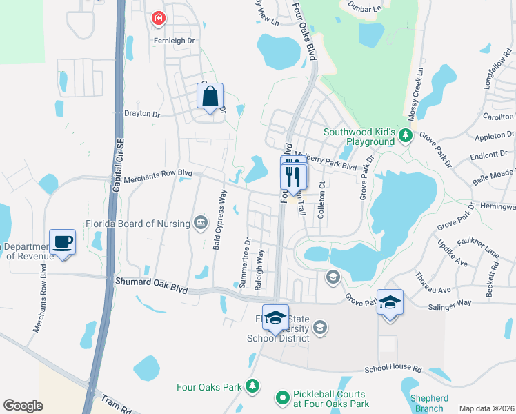 map of restaurants, bars, coffee shops, grocery stores, and more near 3053 Merchants Row Boulevard in Tallahassee