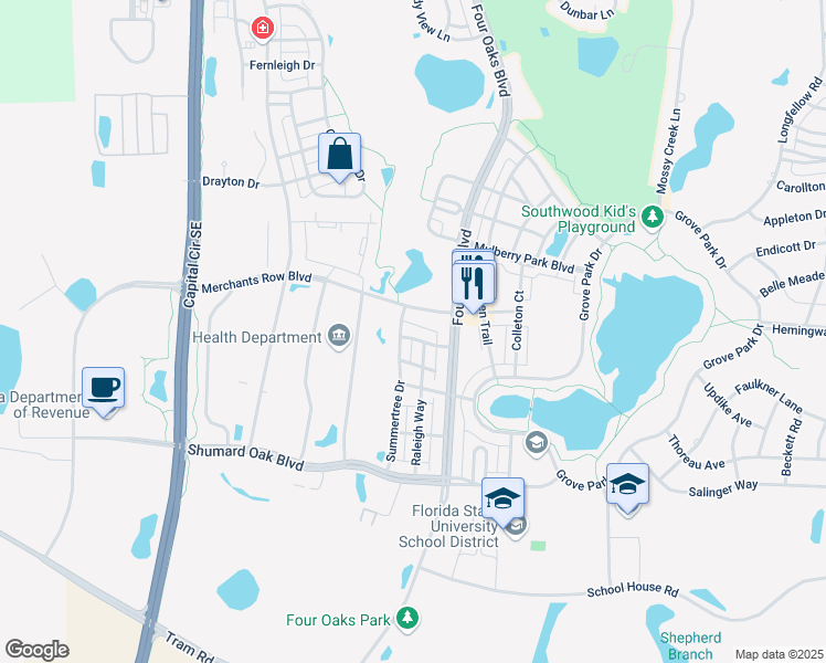 map of restaurants, bars, coffee shops, grocery stores, and more near 3053 Merchants Row Boulevard in Tallahassee