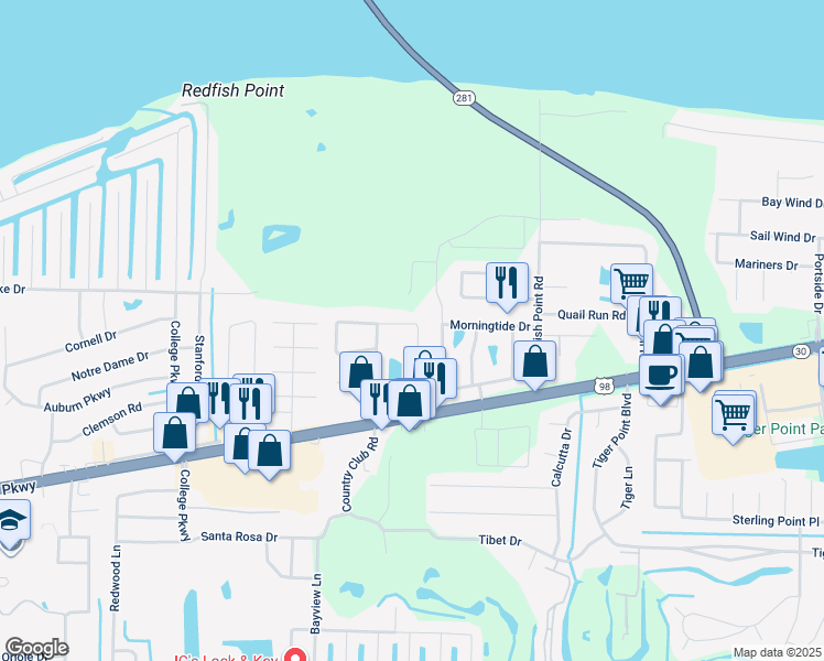 map of restaurants, bars, coffee shops, grocery stores, and more near 3365 Green Briar Circle in Gulf Breeze