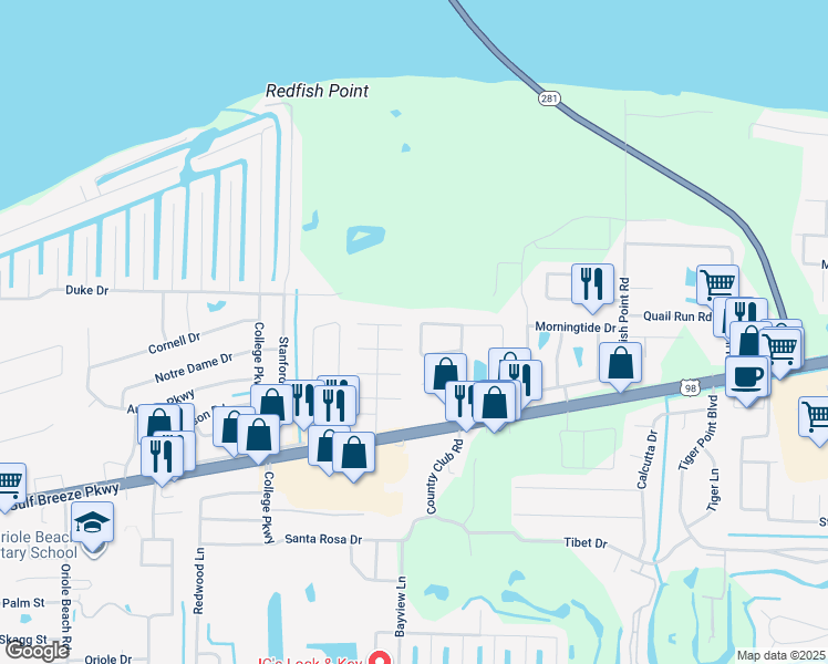 map of restaurants, bars, coffee shops, grocery stores, and more near 3385 Green Briar Circle in Gulf Breeze