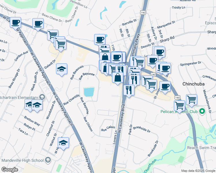 map of restaurants, bars, coffee shops, grocery stores, and more near 1770 North Causeway Boulevard in Mandeville