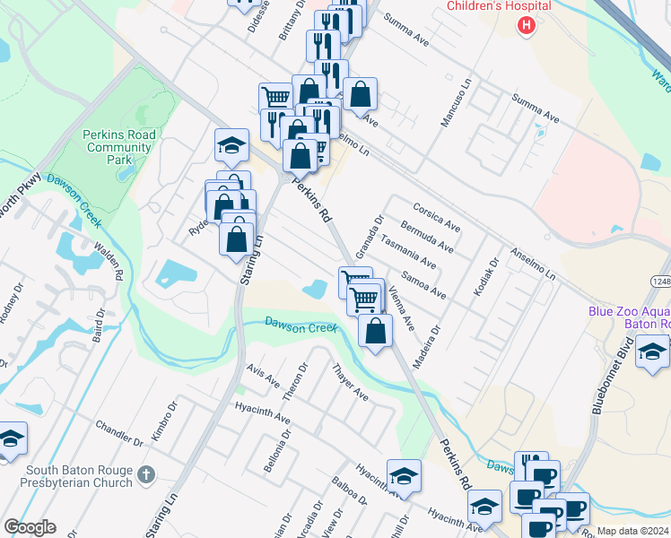map of restaurants, bars, coffee shops, grocery stores, and more near 7933 Bles Avenue in Baton Rouge