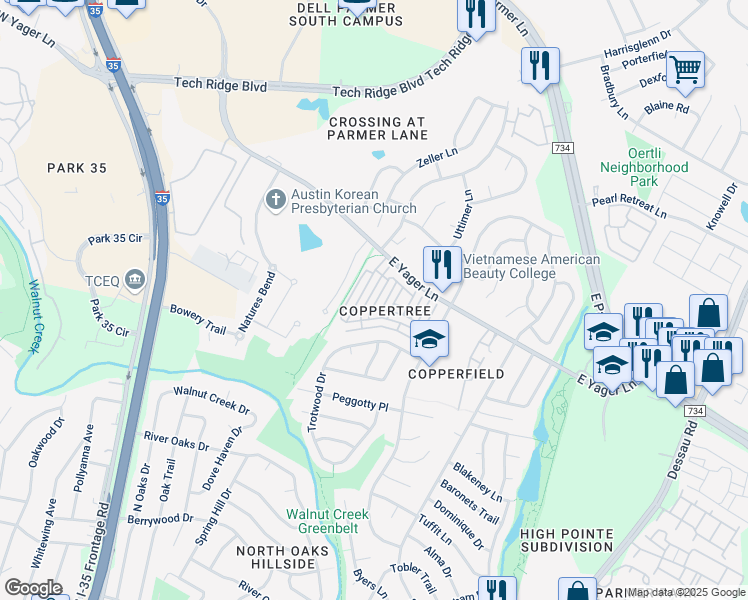 map of restaurants, bars, coffee shops, grocery stores, and more near East Yager Lane in Austin