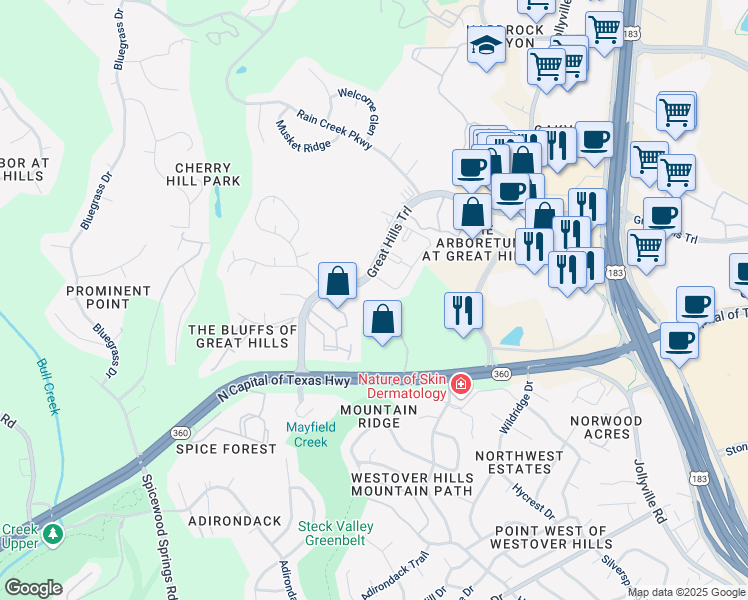 map of restaurants, bars, coffee shops, grocery stores, and more near 9020 Agate Cove in Austin