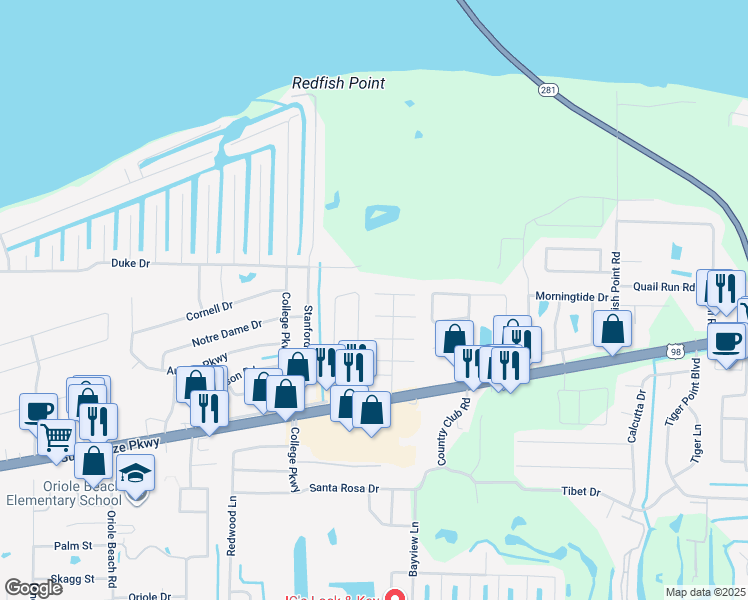 map of restaurants, bars, coffee shops, grocery stores, and more near 1378 El Sereno Place in Gulf Breeze