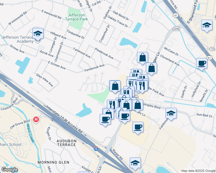 map of restaurants, bars, coffee shops, grocery stores, and more near 10707 Industriplex Boulevard in Baton Rouge
