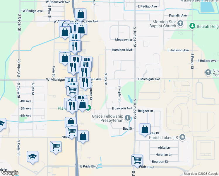 map of restaurants, bars, coffee shops, grocery stores, and more near 388 E Michigan Ave in Foley