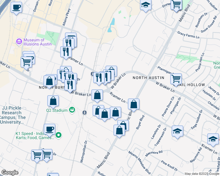 map of restaurants, bars, coffee shops, grocery stores, and more near 2335E Kramer Lane in Austin