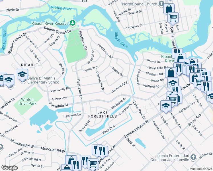map of restaurants, bars, coffee shops, grocery stores, and more near 7837 Caxton Circle West in Jacksonville