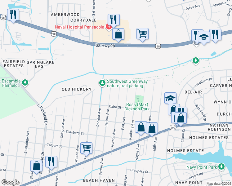 map of restaurants, bars, coffee shops, grocery stores, and more near 1214 Bartow Avenue in Pensacola