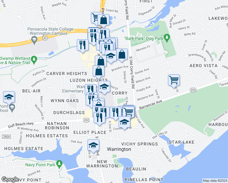 map of restaurants, bars, coffee shops, grocery stores, and more near 131 Manchester Street in Pensacola