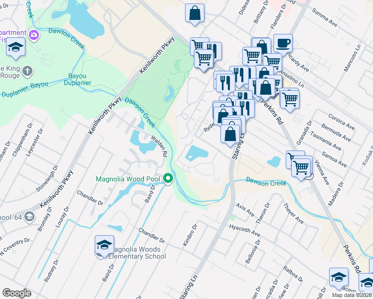 map of restaurants, bars, coffee shops, grocery stores, and more near 1423 Lake Calais Court in Baton Rouge