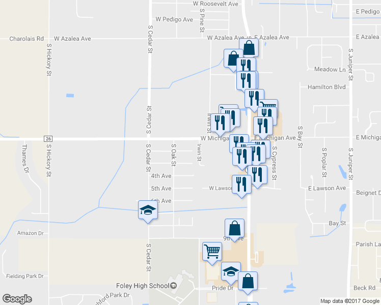 map of restaurants, bars, coffee shops, grocery stores, and more near 317 2nd Avenue in Foley
