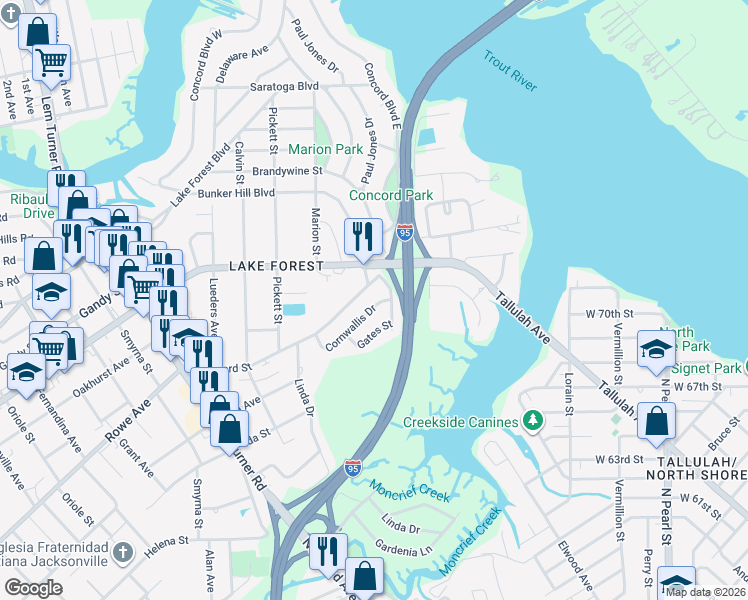 map of restaurants, bars, coffee shops, grocery stores, and more near 7740 Tarleton Road in Jacksonville