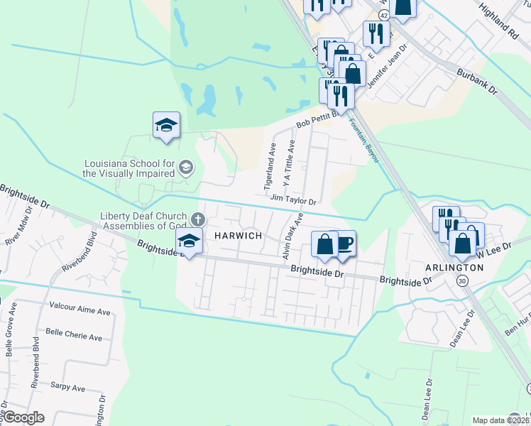 map of restaurants, bars, coffee shops, grocery stores, and more near 1443 Jim Taylor Drive in Baton Rouge