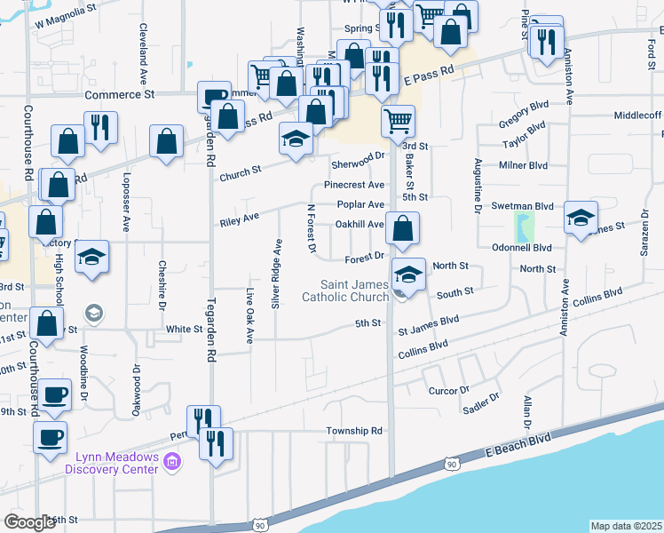 map of restaurants, bars, coffee shops, grocery stores, and more near 1300-1310 Forest Dr in Gulfport