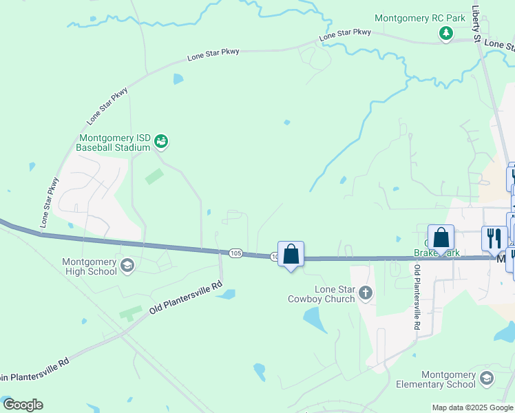 map of restaurants, bars, coffee shops, grocery stores, and more near 22490 Texas 105 in Montgomery