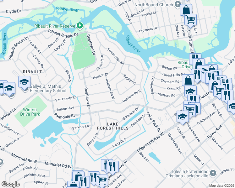 map of restaurants, bars, coffee shops, grocery stores, and more near 7837 Caxton Circle West in Jacksonville