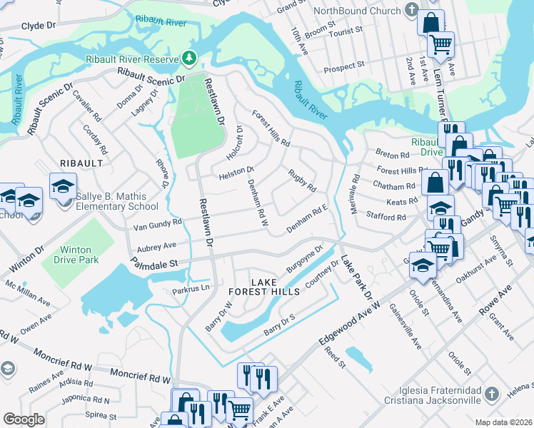 map of restaurants, bars, coffee shops, grocery stores, and more near 7837 Caxton Circle West in Jacksonville