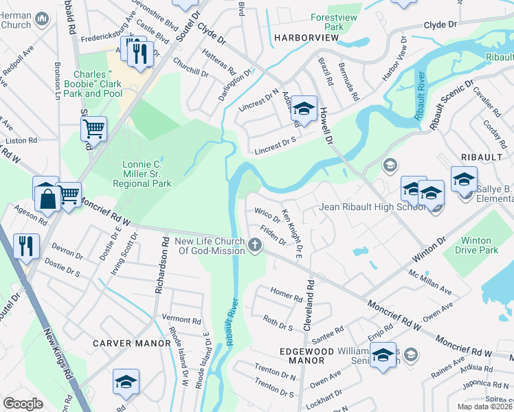 map of restaurants, bars, coffee shops, grocery stores, and more near 4644 Ken Knight Drive North in Jacksonville